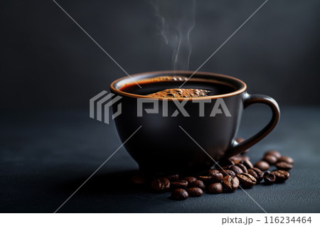 黒背景にマグカップに注がれた熱いコーヒー 黒背景にマグカップに注がれた熱いコーヒー 116234464