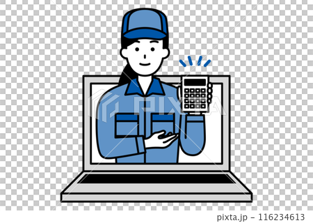 A woman in overalls getting a quote online 116234613