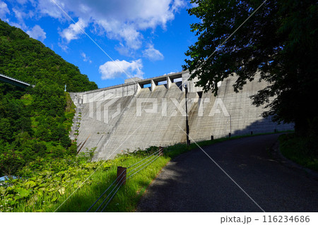 札内川ダム下流広場から見る札内川ダムの堤体 札内川ダム下流広場から見る札内川ダムの堤体 116234686