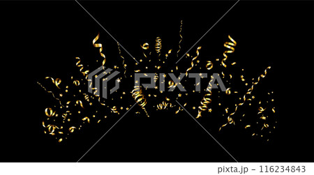 Golden serpentine ribbons frame. Confetti round banner. Luxury decoration Golden serpentine ribbons frame. Confetti round banner. Luxury decoration 116234843