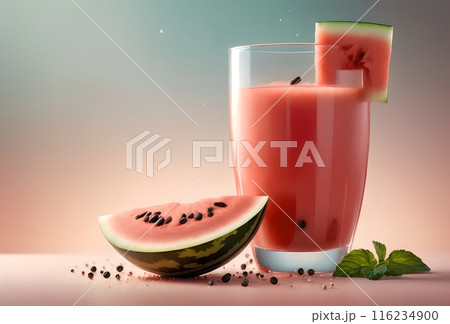 cold watermelon juice in a glass, isolated on green background 116234900