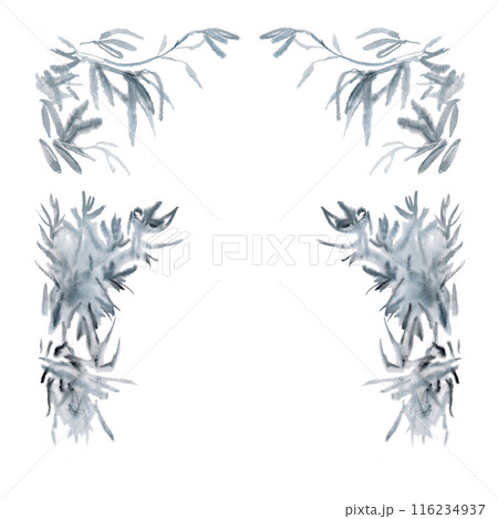 Branches of climbing plants are symmetrically arranged. Frame made of monochrome olive tree leaves. Watercolor sketch is maid in the form of a watercolor leaves stain in black and blue colors on a Branches of climbing plants are symmetrically arranged. Frame made of monochrome olive tree leaves. Watercolor sketch is maid in the form of a watercolor leaves stain in black and blue colors on a 116234937