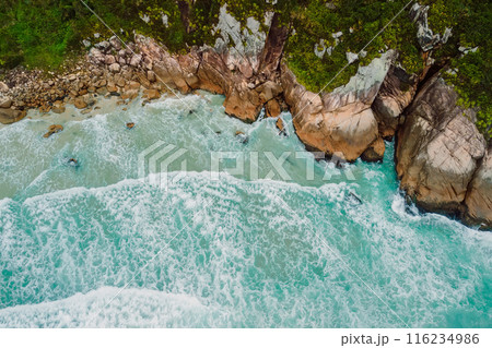 Coastline with rocks and ocean with waves in Brasil. Top down drone view 116234986