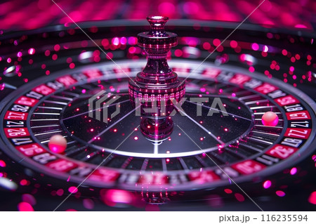 Casino Roulette Wheel in Action with Vibrant Pink Lighting for Gaming and Casino Night Decor Generative AI 116235594