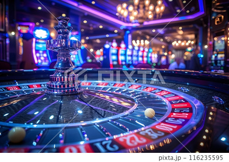 Luxurious Casino Interior with Roulette Table and Slot Machines - Ideal for Gambling, Entertainment, and Nightlife Themes Generative AI 116235595