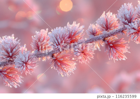 Frosty Winter Branch with Sparkling Ice Crystals - Perfect for Holiday Cards, Posters, and Winter Designs Generative AI 116235599