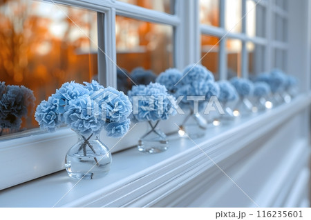 Elegant Window Display with Blue Flowers in Glass Vases for Home Decor Generative AI 116235601