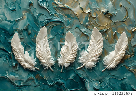 Elegant White Feathers on Turquoise and Gold Abstract Background for Art and Design Generative AI 116235678