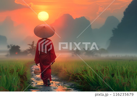 Serene Sunset Journey: Traditional Asian Farmer in Rice Fields at Sunset - Perfect for Posters, Cards, and Travel Articles Generative AI 116235679