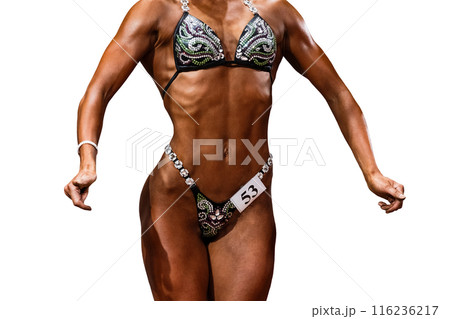 women athlete posing figure front for bikini fitness isolated on white background women athlete posing figure front for bikini fitness isolated on white background 116236217