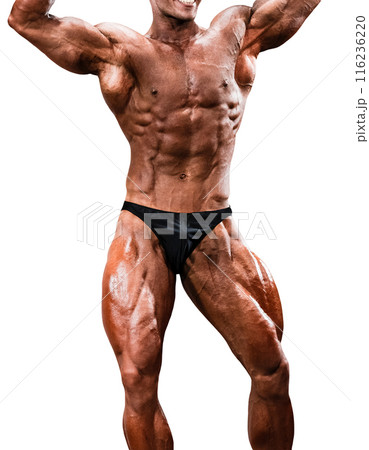 athlete bodybuilder abdominals and thigh pose for bodybuilding isolated on white background 116236220