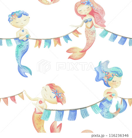 Mermaids is a little girl and boy with flags garland festive. Watercolor illustration hand drawn with pastel colors turquoise, blue, coral, pink. Seamless pattern on a white background 116236346