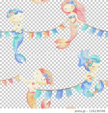Mermaids is a little girl and boy with flags garland festive. Watercolor illustration hand drawn with pastel colors turquoise, blue, coral, pink. Seamless pattern on a white background 116236346