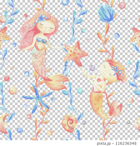 Mermaids is a little girls and boys with fish, seashell, corals, algae, starfish. Watercolor illustration hand drawn pastel colors coral and blue. Seamless pattern on a white background 116236348
