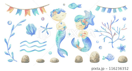 Mermaids is a little girls and boys with fish, seashell, corals, algae, starfish. Watercolor illustration hand drawn pastel colors coral and blue. Large set of elements isolated from background. 116236352