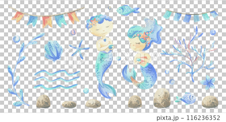 Mermaids is a little girls and boys with fish, seashell, corals, algae, starfish. Watercolor illustration hand drawn pastel colors coral and blue. Large set of elements isolated from background. 116236352