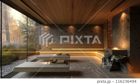Modern sauna interior with wooden benches, soft lighting, and a stone stove in a cozy atmosphere Modern sauna interior with wooden benches, soft lighting, and a stone stove in a cozy atmosphere 116236494