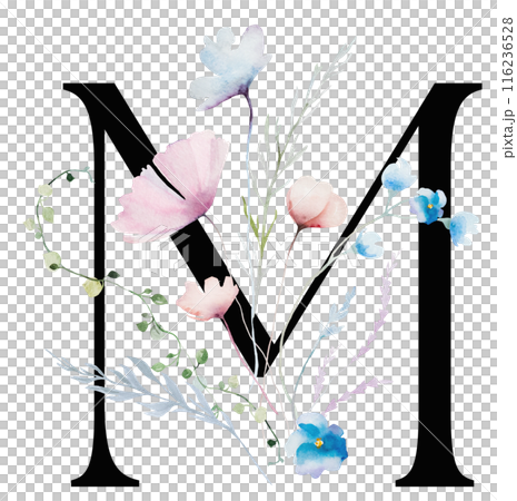 Black letter M with Watercolor pastel tender wild flowers and leaves, wedding isolated illustration 116236528