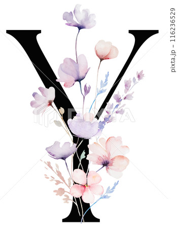 Black letter Y with Watercolor pastel tender wild flowers and leaves, wedding isolated illustration 116236529