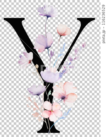 Black letter Y with Watercolor pastel tender wild flowers and leaves, wedding isolated illustration 116236529