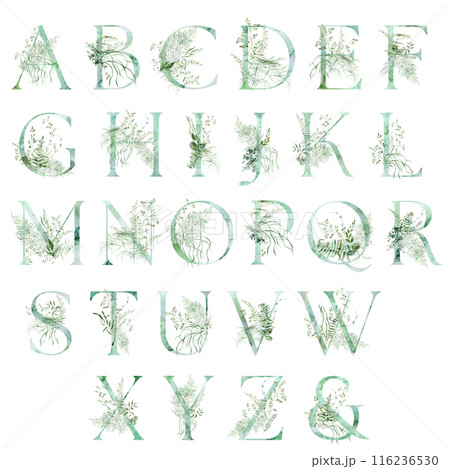 Green Alphabet letters with Watercolor whimsical tender leaves, wedding isolated illustration 116236530