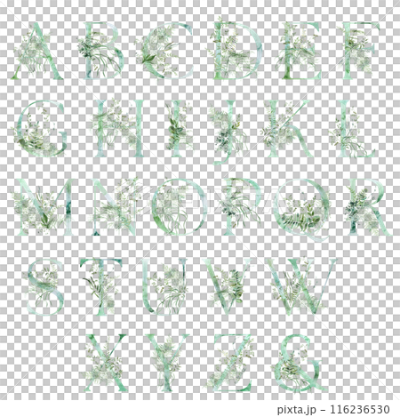 Green Alphabet letters with Watercolor whimsical tender leaves, wedding isolated illustration 116236530