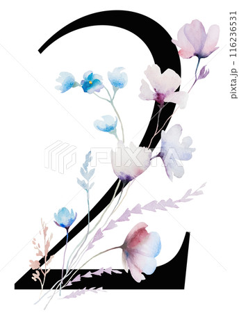 Black number 2 with Watercolor pastel wild flowers and leaves, wedding isolated illustration 116236531