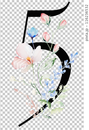 Black number 5 with Watercolor pastel wild flowers and leaves, wedding isolated illustration 116236532