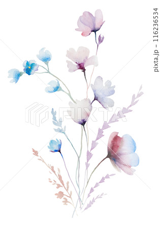 Bouquet made with watercolor pastel wild flowers and leaves,  hand drawn wedding illustration 116236534