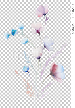 Bouquet made with watercolor pastel wild flowers and leaves,  hand drawn wedding illustration 116236534