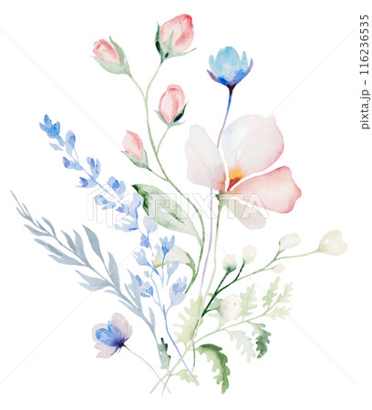 Bouquet made with watercolor pastel wild flowers and leaves,  hand drawn wedding illustration 116236535