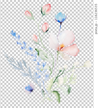 Bouquet made with watercolor pastel wild flowers and leaves,  hand drawn wedding illustration 116236535