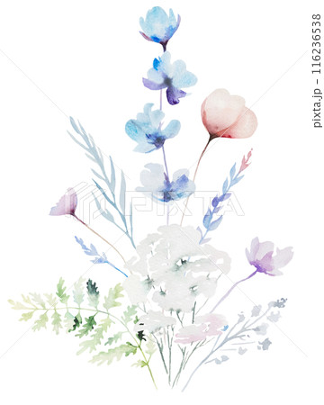 Bouquet made with watercolor pastel wild flowers and leaves,  hand drawn wedding illustration 116236538