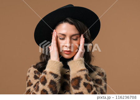 Mature woman is suffered, headache. Migraine, massages temples, magnetic storms 116236708