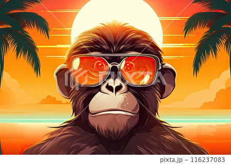 cool monkey with sunglasses on tropical beach illustration 116237083