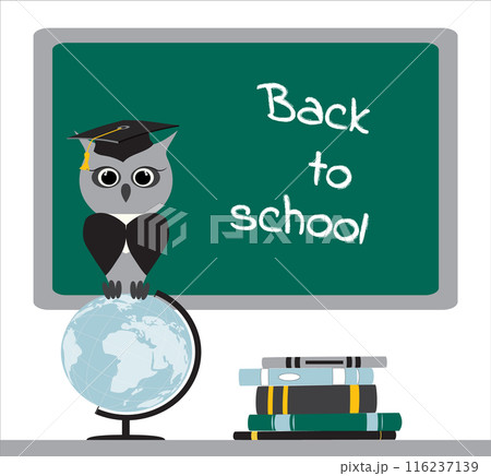Stacks of books, a wise owl in a graduate hat sits on a globe. Green background chalkboard inscription back to school. Modern design template banner. Vector Stacks of books, a wise owl in a graduate hat sits on a globe. Green background chalkboard inscription back to school. Modern design template banner. Vector 116237139