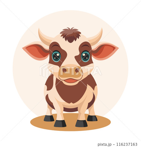 Cute spotted cow on a white background. Cute bull, front view. Farm agriculture animal. Children's illustrations in flat cartoon style. Vector Cute spotted cow on a white background. Cute bull, front view. Farm agriculture animal. Children's illustrations in flat cartoon style. Vector 116237163