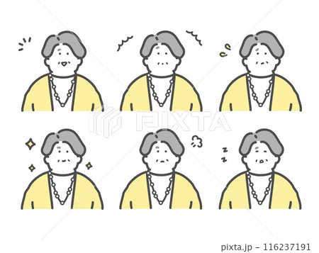 様々な表情をするシニア女性のイラスト セット 様々な表情をするシニア女性のイラスト セット 116237191