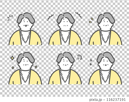 様々な表情をするシニア女性のイラスト セット 様々な表情をするシニア女性のイラスト セット 116237191