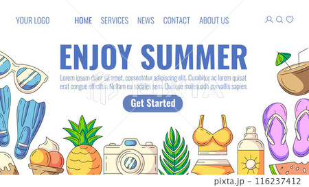Enjoy summer, landing page. Beach elements. Sunglasses, flippers, pineapple, camera, swimsuit, ice cream, flip flops, watermelon. Web template for site, homepage, banner. Summertime, season vacation Enjoy summer, landing page. Beach elements. Sunglasses, flippers, pineapple, camera, swimsuit, ice cream, flip flops, watermelon. Web template for site, homepage, banner. Summertime, season vacation 116237412
