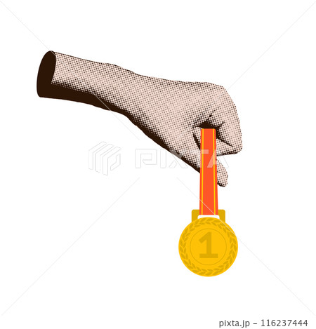 Halftone collage hand holding first place gold medal. Business success, sport victory, goal achievement isolated concept. Trendy retro vector illustration isolated on transparent background 116237444