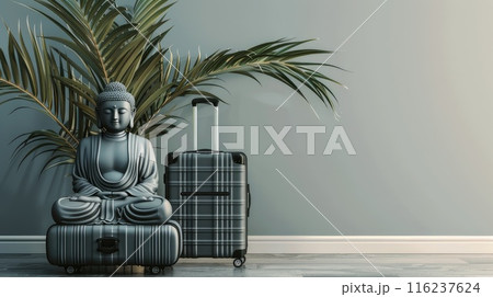 Buddha statue, suitcases and palm tree on a blue background. Place for text. AI-generated content 116237624