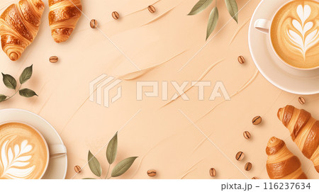 ナチュラル カフェ カプチーノ ラテアート デザイン 背景 コーヒー豆 葉 クロワッサン パン 116237634