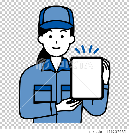 タブレットの画面を見せるつなぎ作業服の女性 116237685