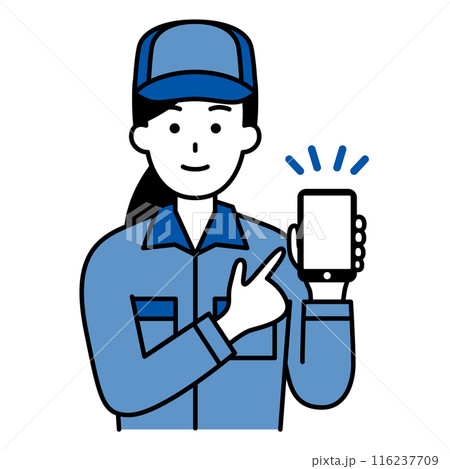 スマートフォンの画面を指差すつなぎ作業服の女性 スマートフォンの画面を指差すつなぎ作業服の女性 116237709