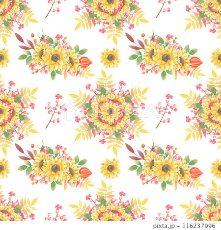 Watercolor hand drawn autumn seamless pattern with sunflower, rowan, leaves, physalis on white background. Endless fall backdrop. White background. Pattern for textile and paper 116237996