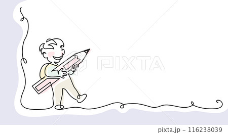 Happy boy pupil keep big pencil, get ready for study. Back to school 116238039