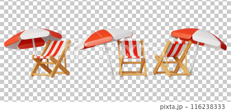 Red beach chair and parasol 3D graphics at various angles 116238333