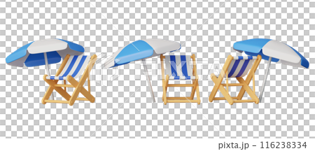 Blue beach chair and parasol 3D graphics at various angles 116238334