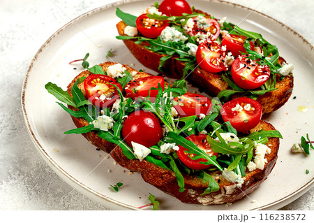 arugula sandwiches and cherry tomatoes, cheese with mold, breakfast, snack, homemade, 116238572